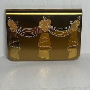 Vintage Gold Tone WADSWORTH Compact Engraved Pink Flowers, Bows